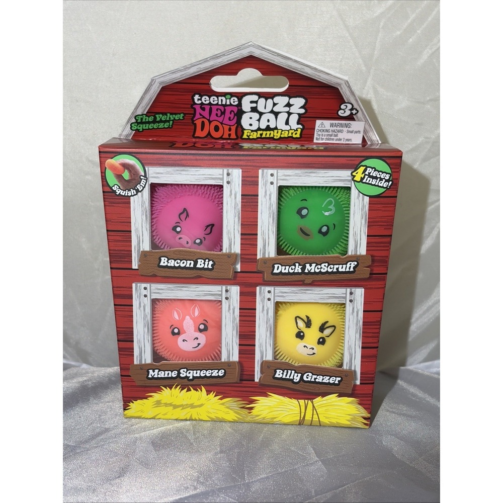 RARE Teenie NeeDoh Fuzz Ball Farmyard Squeeze Set 4pc NEW Factory Sealed